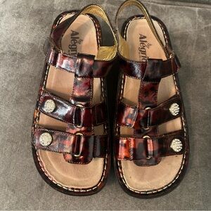 Alegria Burgundy Patent Multi-Strap Sandals with Gold Buttons